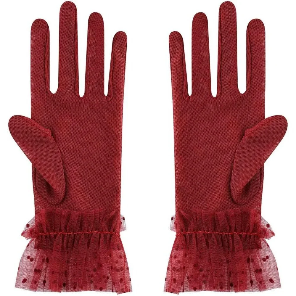 Women's Short Lace Burgundy Sheer Mesh Tea Party Prom Gloves Banquet Costume